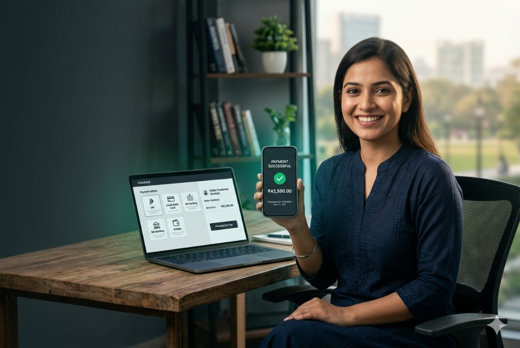 Indian freelancer receiving a successful UPI and card payment